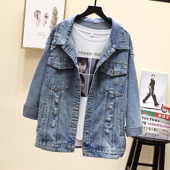 NEWDISCVY Back Letter Printed Denim Jacket 2019 Autumn Ripped Holes Jean Coat Patchwork BF Style Jeans Coats And Jackets